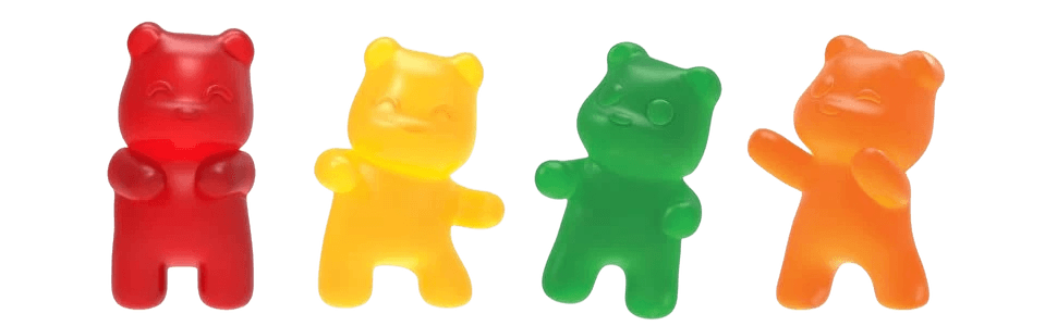 Ositos de gomita de colores rojo, amarillo, verde y naranja